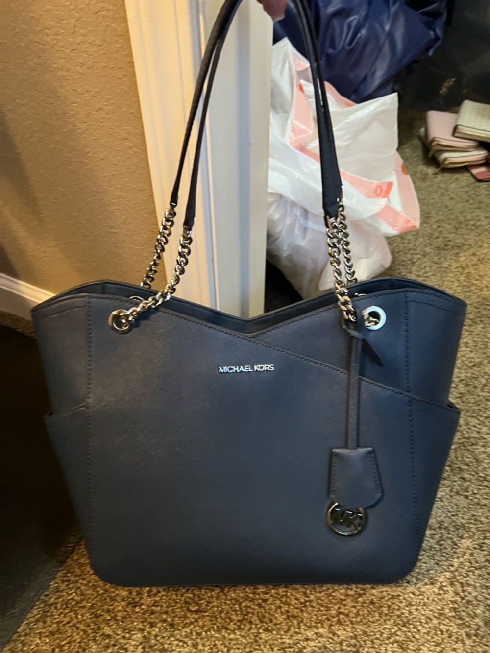 Michael Kors Navy Chain-Handle Tote with MK Charm